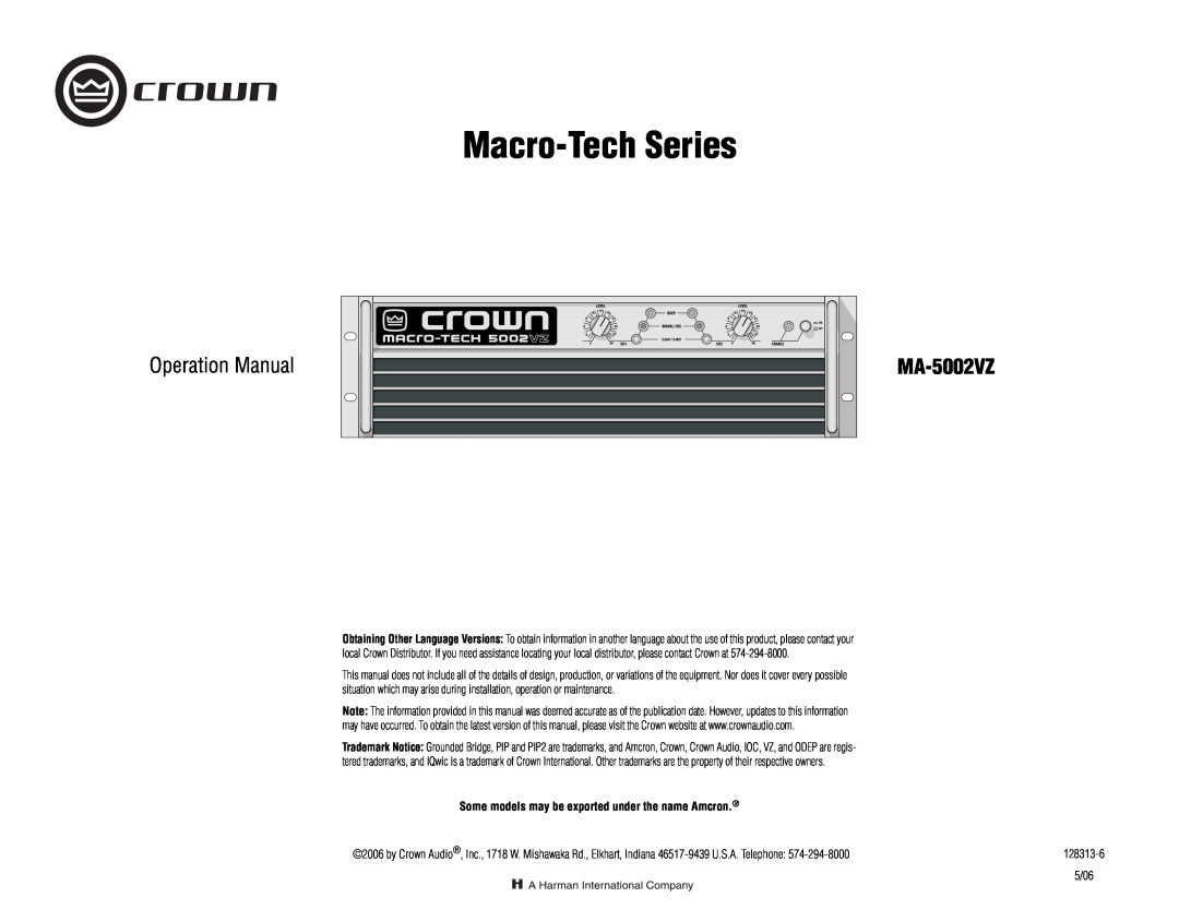 Crown Audio MA-5002VZ operation manual Macro-TechSeries, Some models may be exported under the name Amcron 