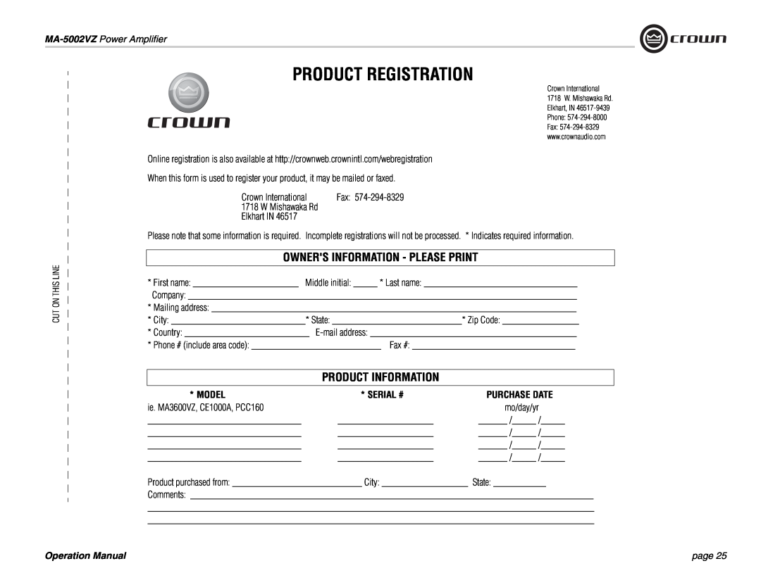 Crown Audio MA-5002VZ Product Registration, Owners Information - Please Print, Product Information, Model, Serial #, page 