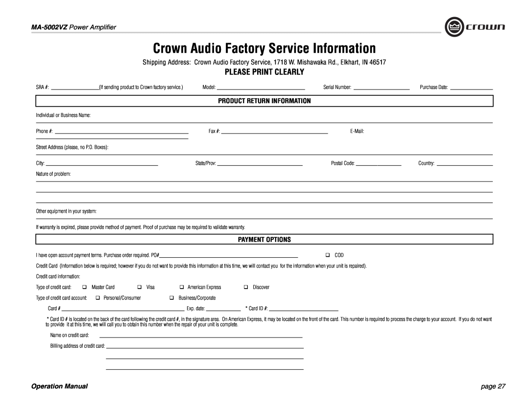 Crown Audio MA-5002VZ operation manual Please Print Clearly, Payment Options, Crown Audio Factory Service Information, page 