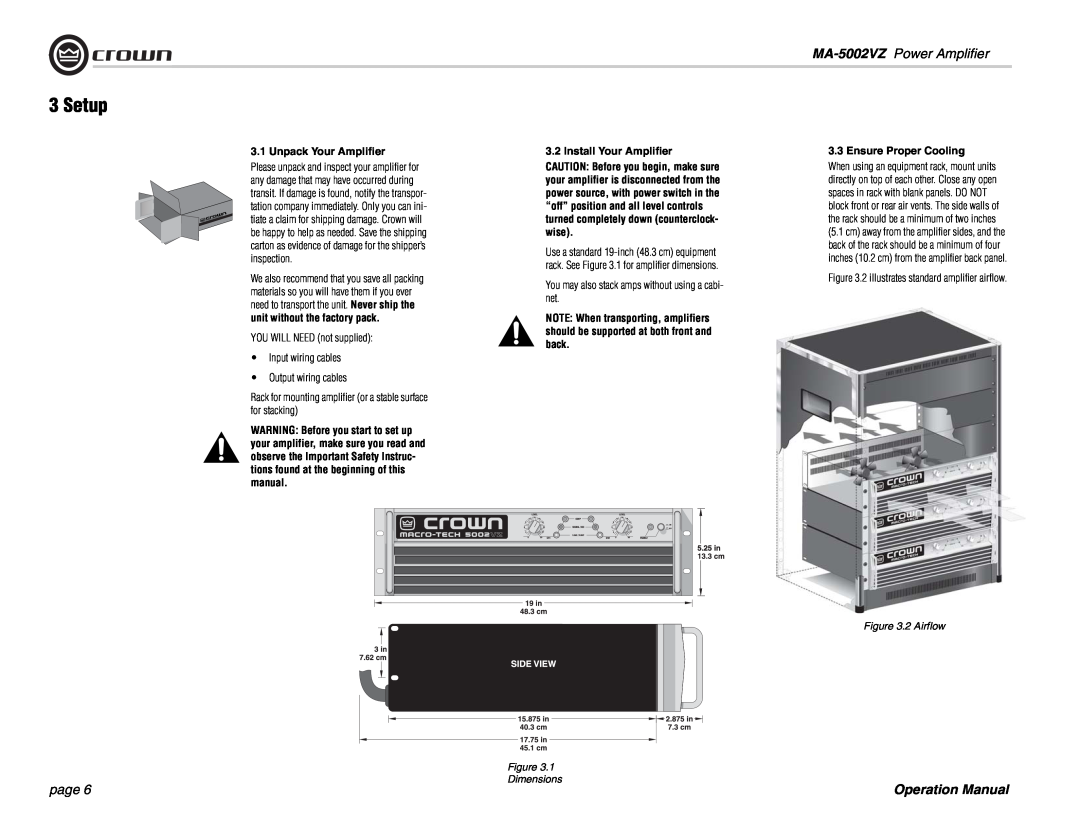 Crown Audio operation manual Setup, MA-5002VZ Power Amplifier, page, Unpack Your Amplifier, Install Your Amplifier 