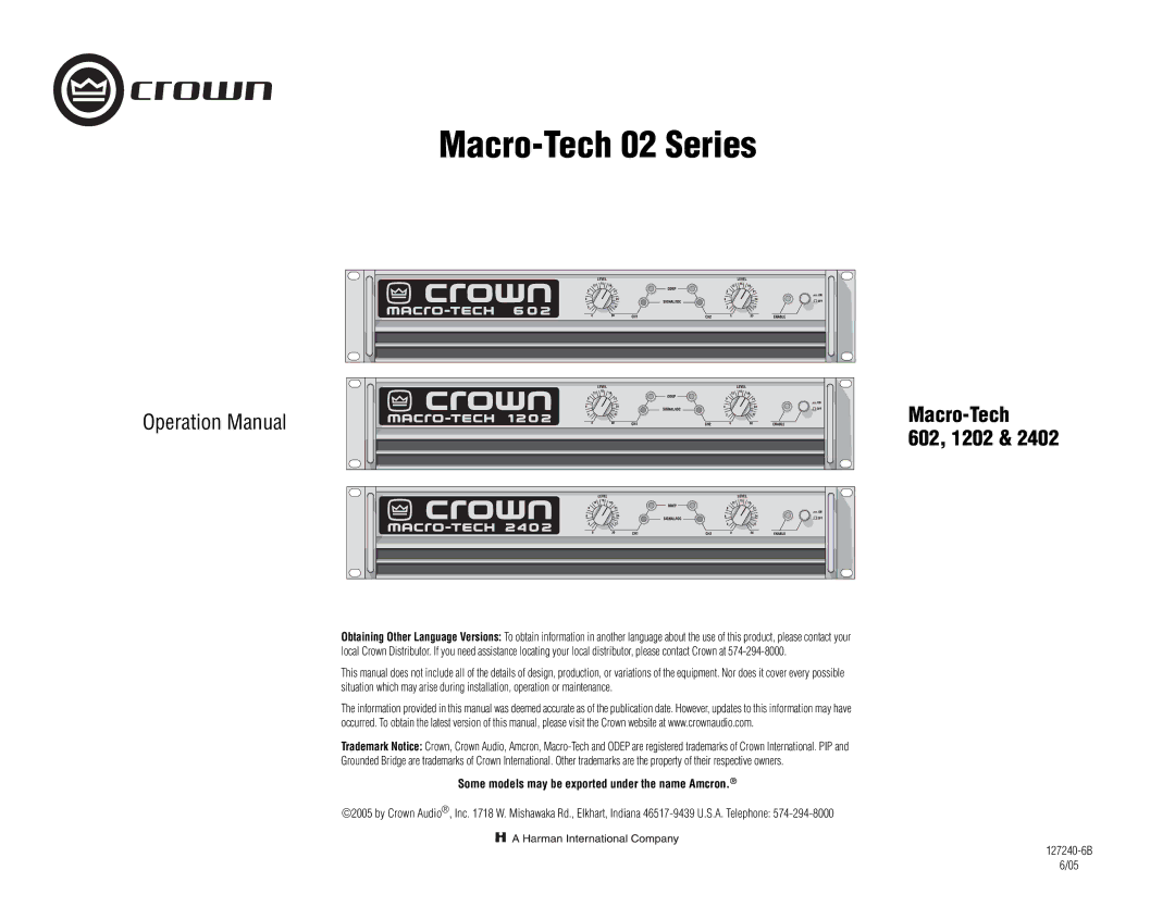 Crown Audio MA-1202, MA-602 operation manual Macro-Tech, Some models may be exported under the name Amcron 