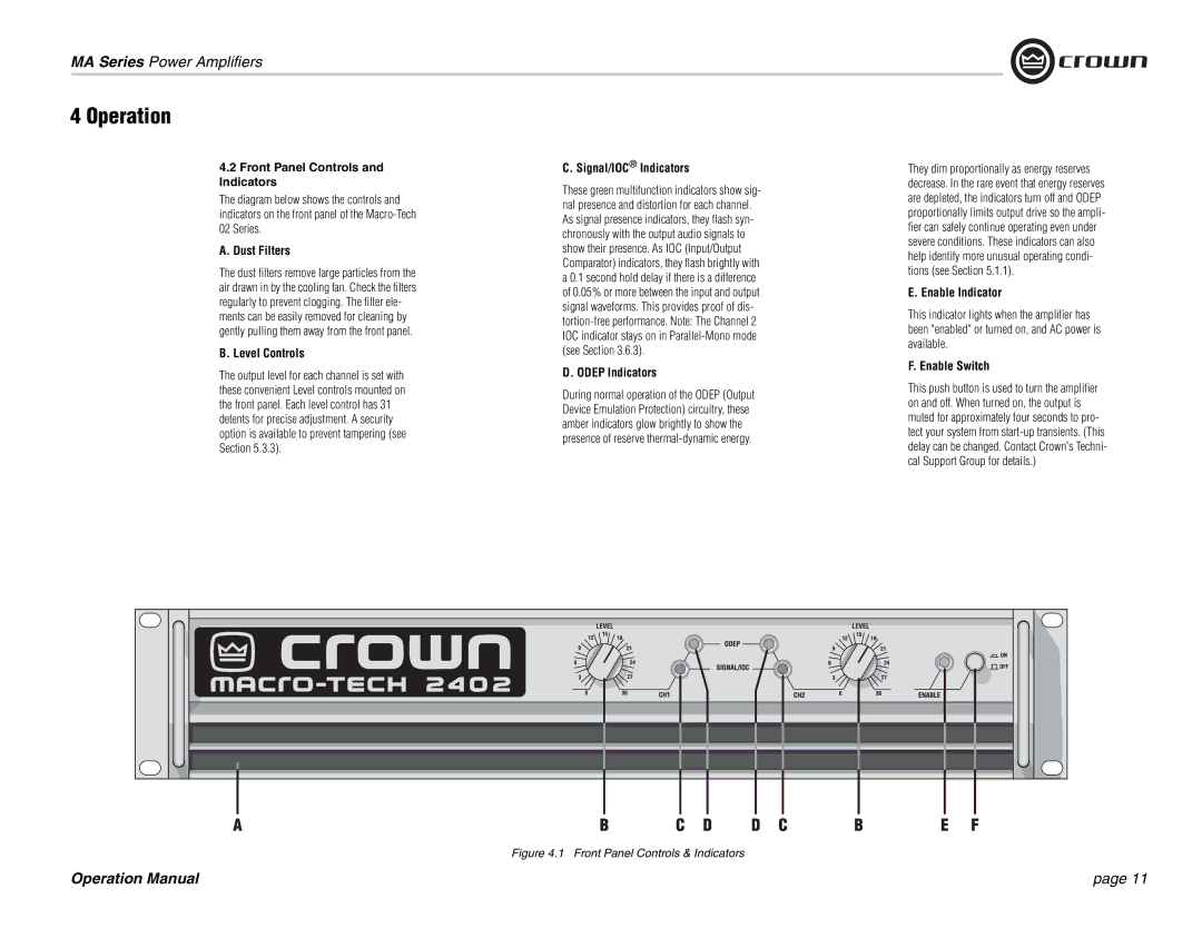 Crown Audio MA-1202, MA-602 Front Panel Controls and Indicators, Dust Filters, Level Controls, Signal/IOC Indicators 