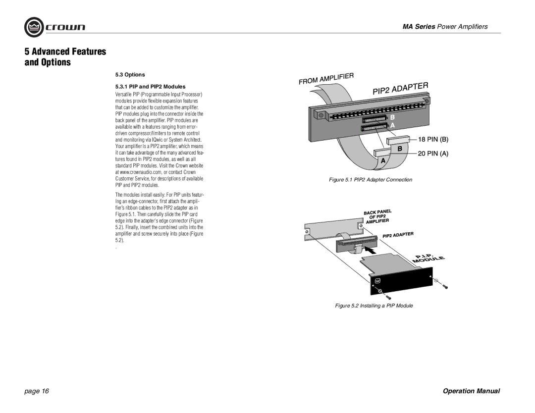 Crown Audio MA-602, MA-1202 operation manual Options PIP and PIP2 Modules, PIP2 Adapter Connection 