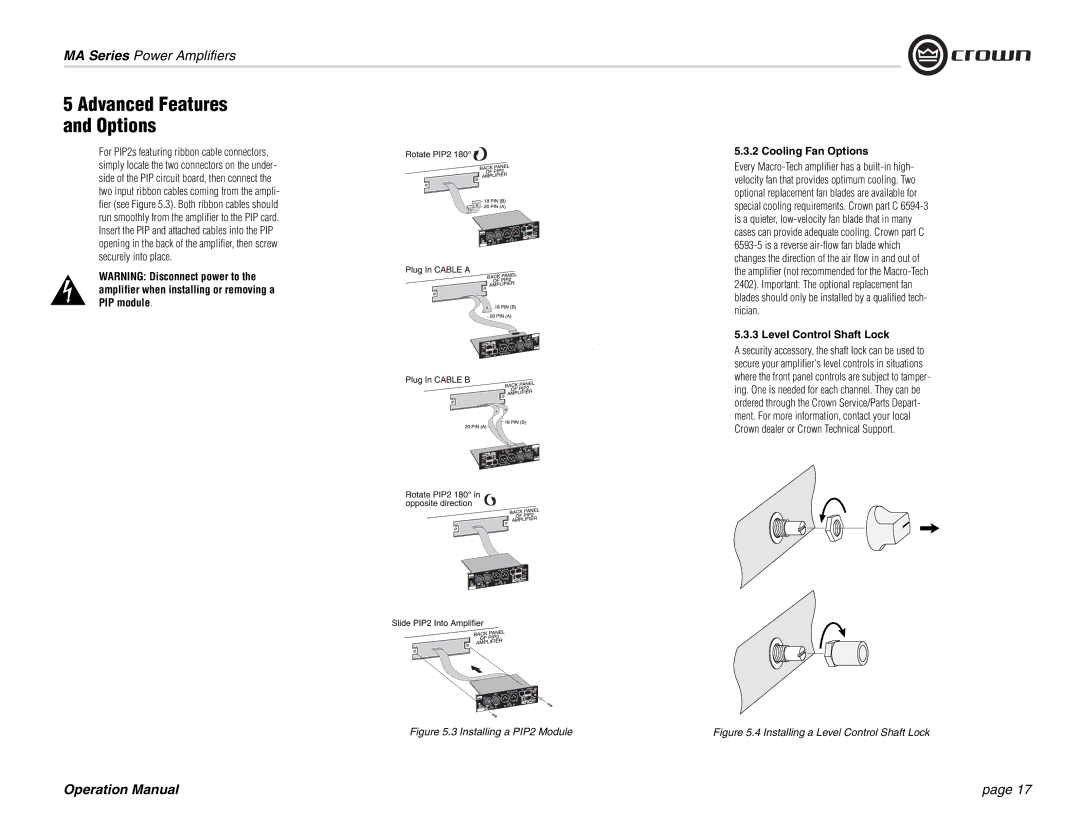 Crown Audio MA-1202, MA-602 operation manual Cooling Fan Options, Level Control Shaft Lock 