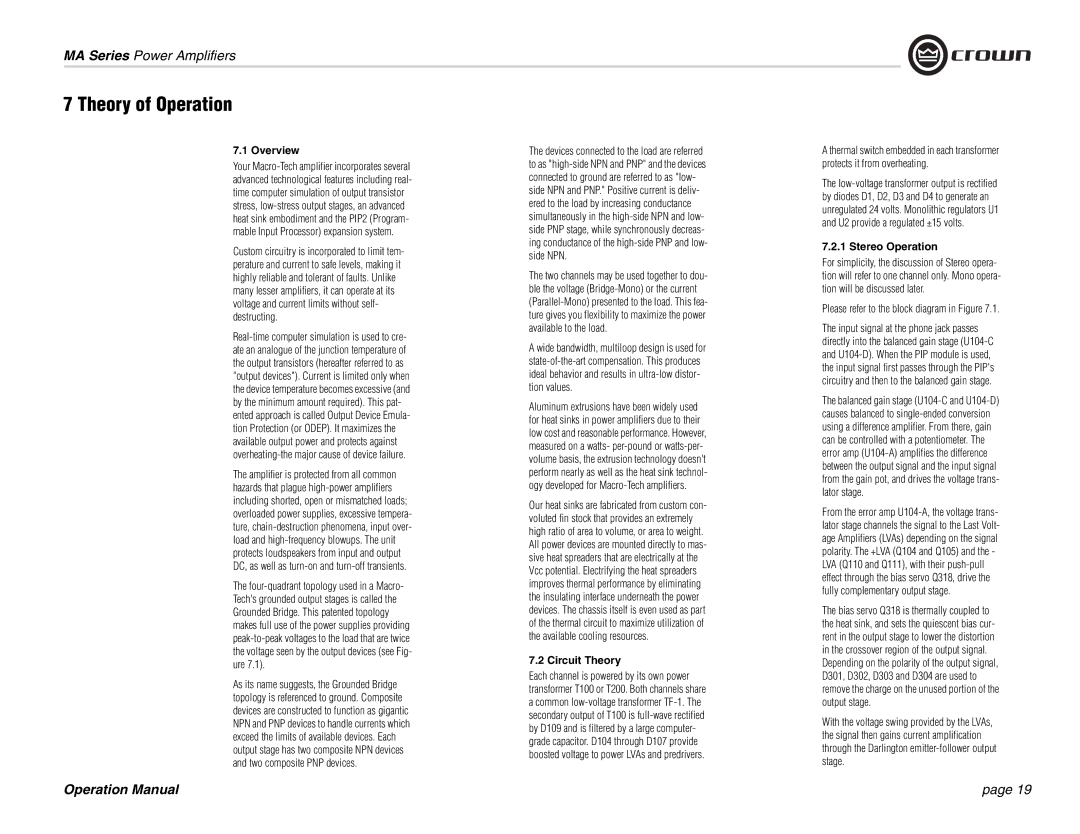 Crown Audio MA-1202, MA-602 operation manual Theory of Operation, Overview, Circuit Theory, Stereo Operation 