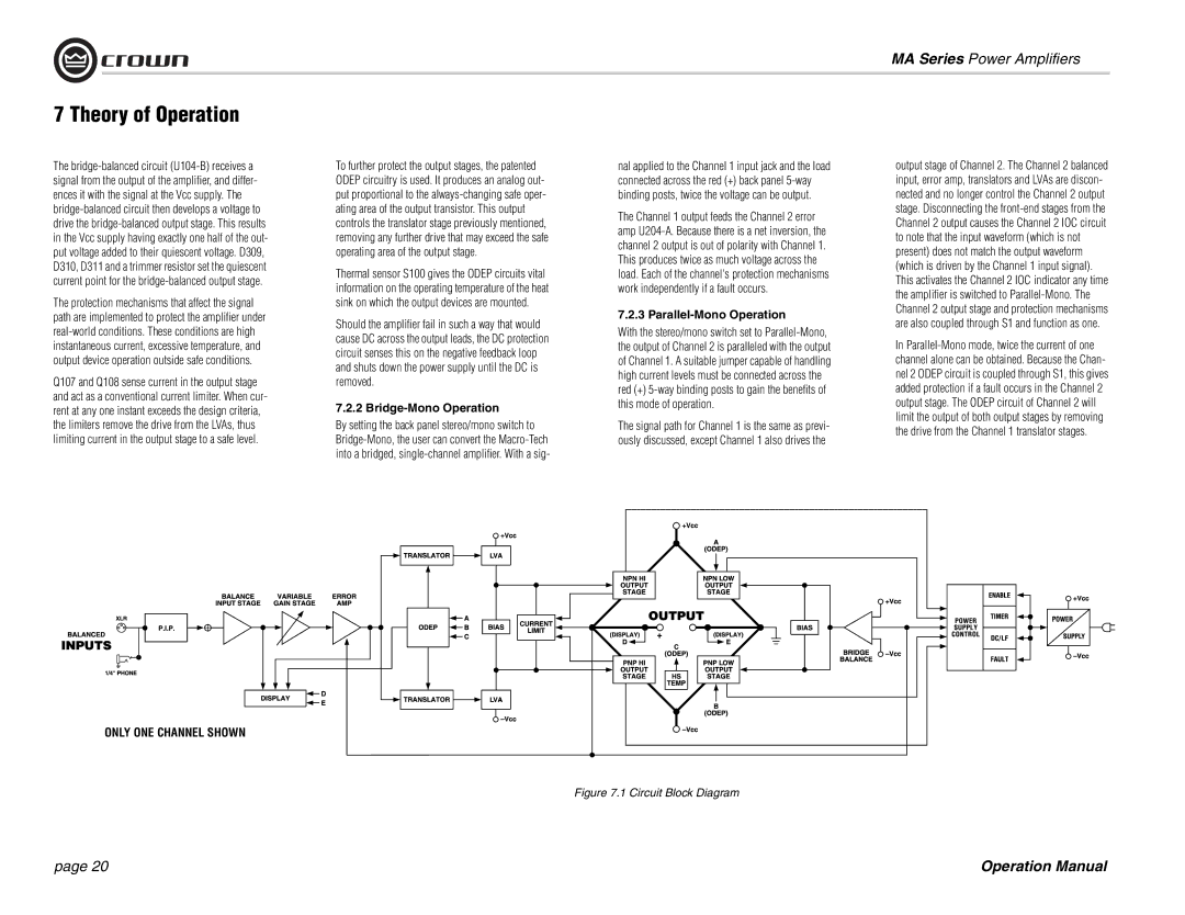 Crown Audio MA-602, MA-1202 operation manual Bridge-Mono Operation, Parallel-Mono Operation 