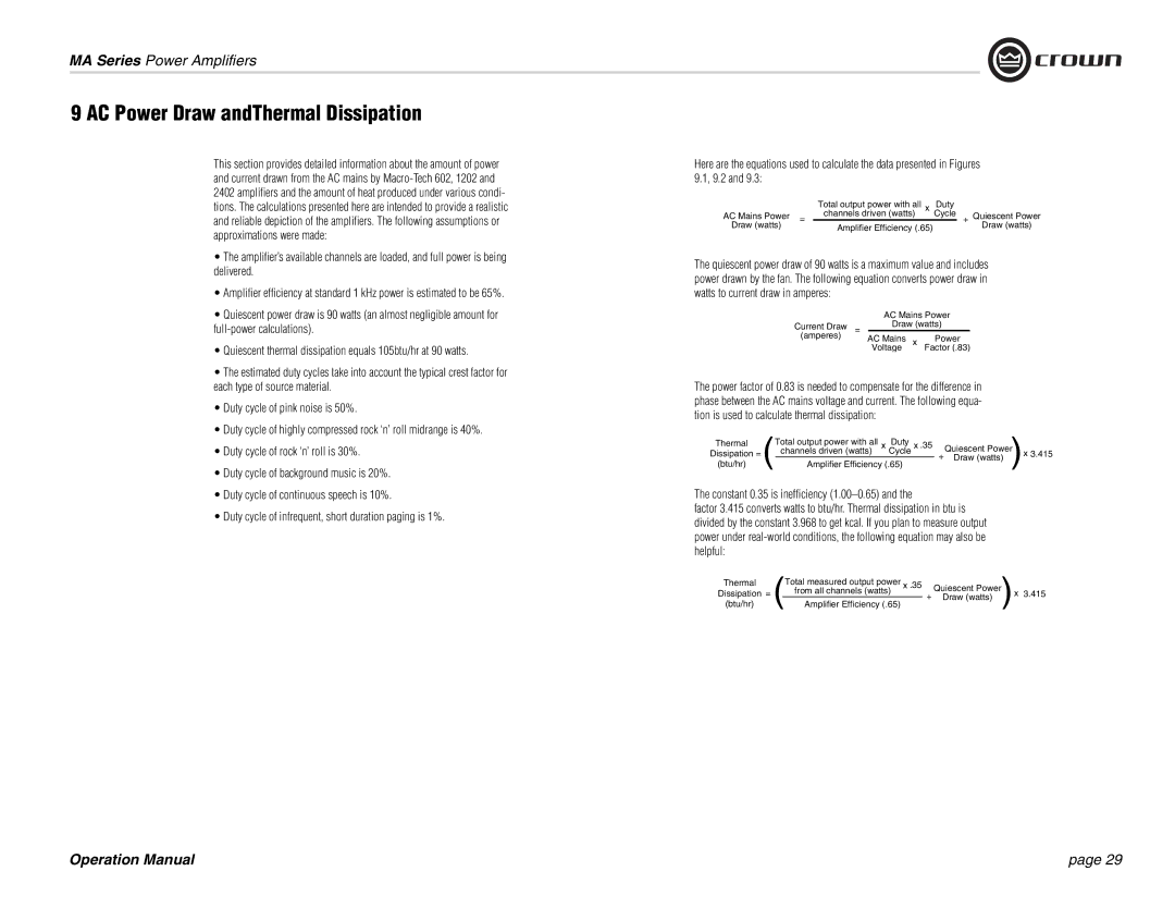 Crown Audio MA-1202, MA-602 operation manual AC Power Draw andThermal Dissipation, Constant 0.35 is inefficiency 1.00-0.65 
