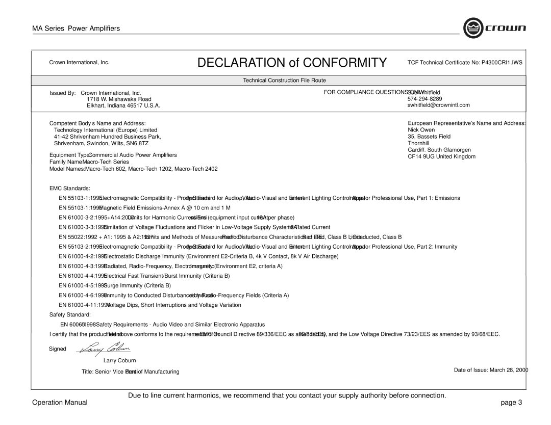 Crown Audio MA-1202 Crown International, Inc, TCF Technical Certificate No P4300CRI1.IWS, EMC Standards, Safety Standard 