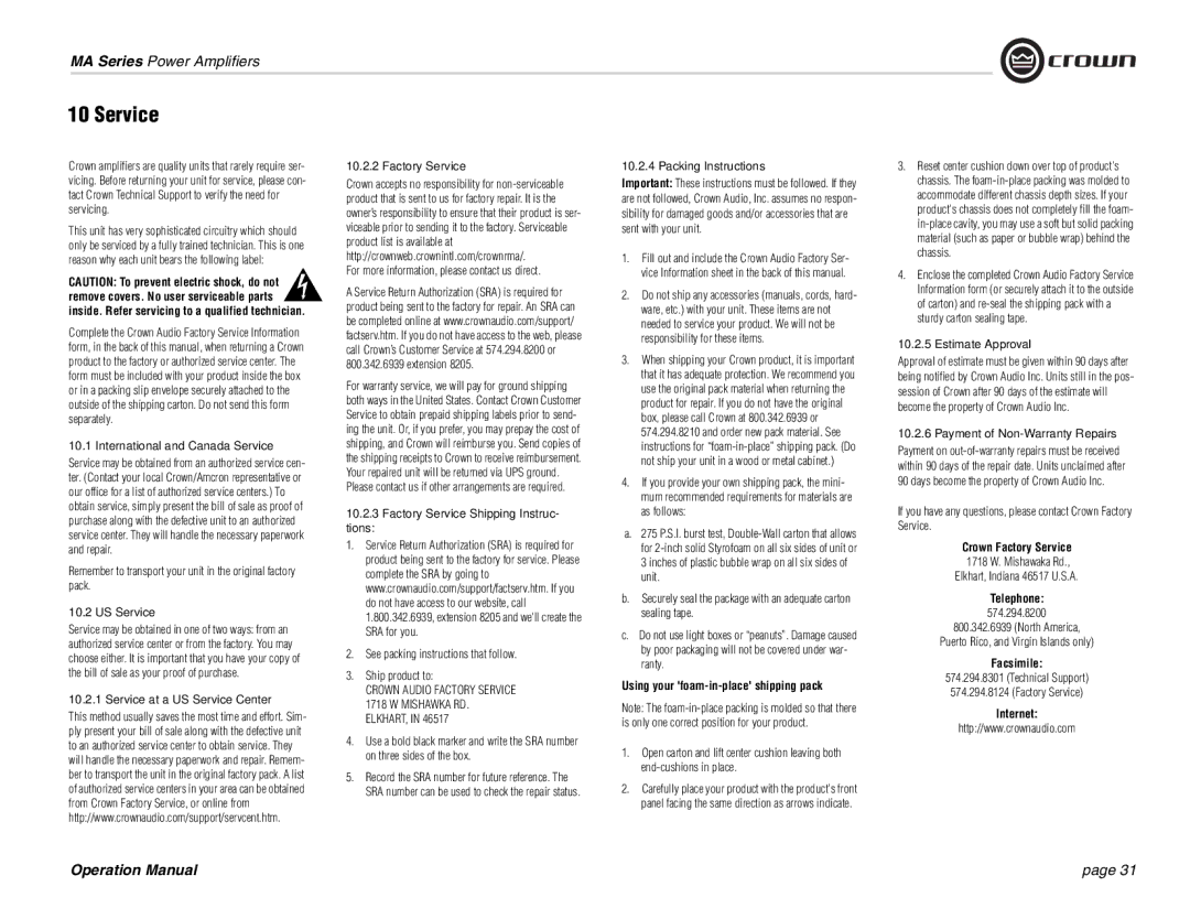 Crown Audio MA-1202, MA-602 operation manual Service 