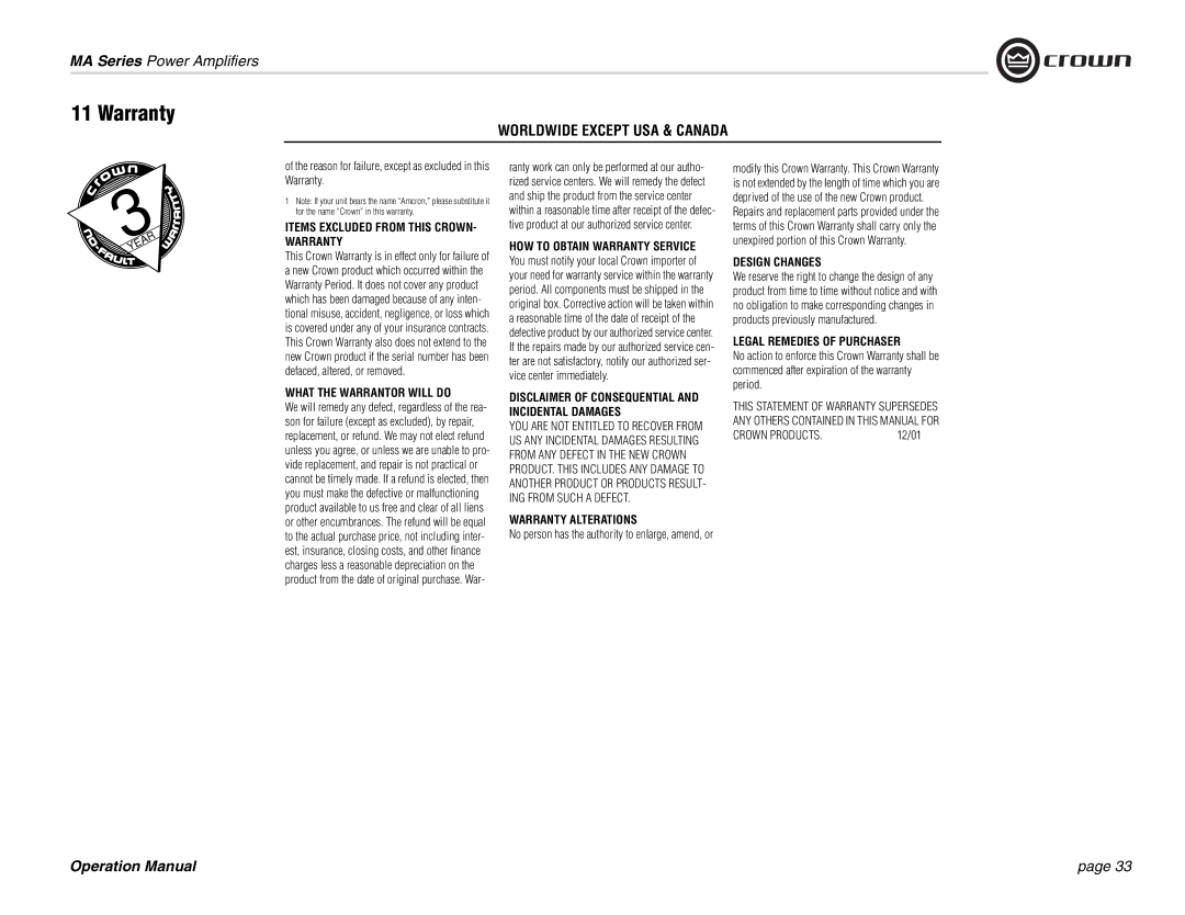 Crown Audio MA-1202, MA-602 operation manual Reason for failure, except as excluded in this Warranty, 12/01 