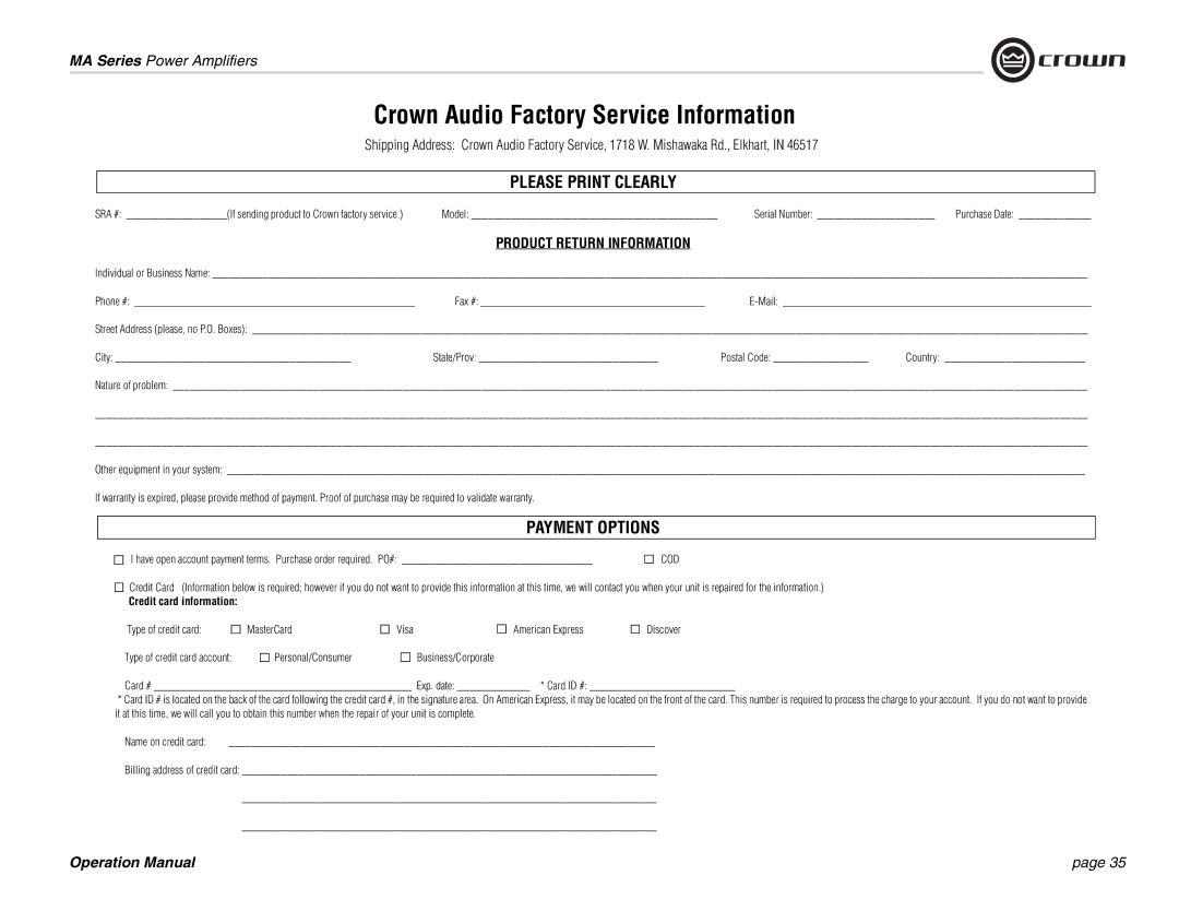 Crown Audio MA-1202, MA-602 operation manual Crown Audio Factory Service Information 