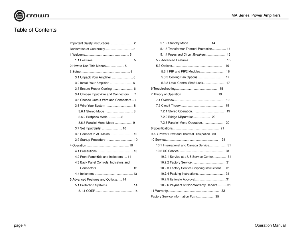 Crown Audio MA-602, MA-1202 operation manual Table of Contents 