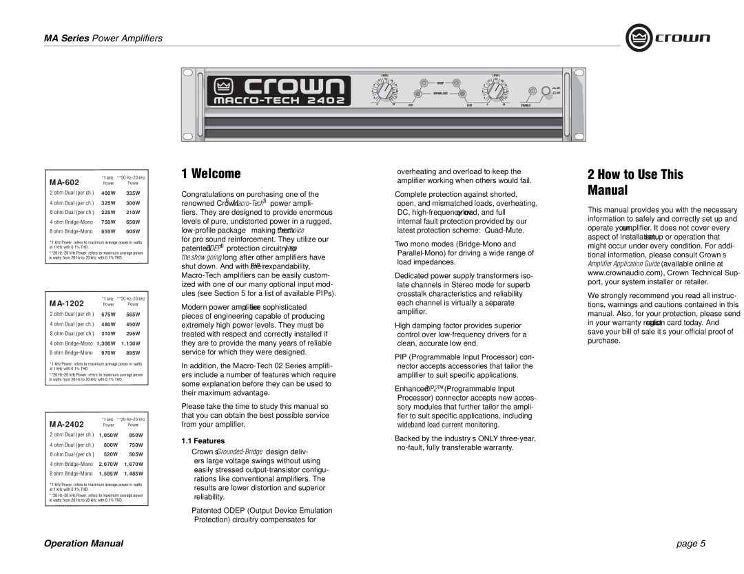 Crown Audio MA-1202, MA-602 operation manual Welcome, How to Use This Manual, Features 