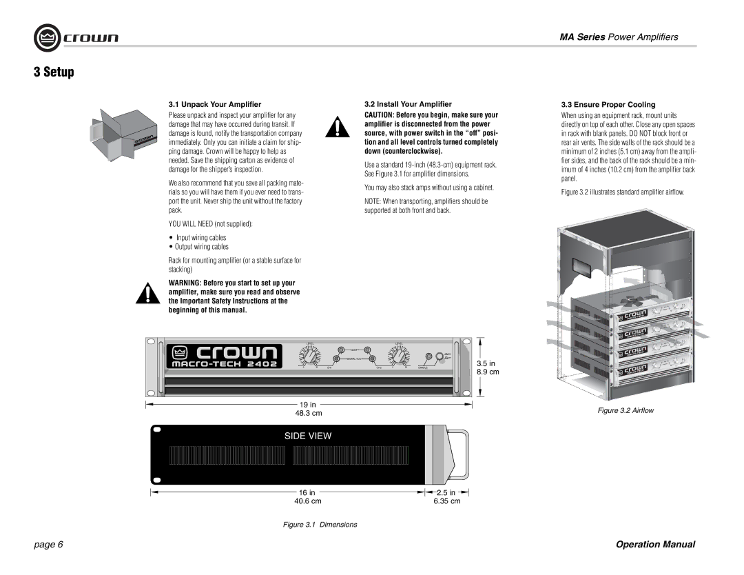 Crown Audio MA-602 Setup, Unpack Your Amplifier Install Your Amplifier, You may also stack amps without using a cabinet 