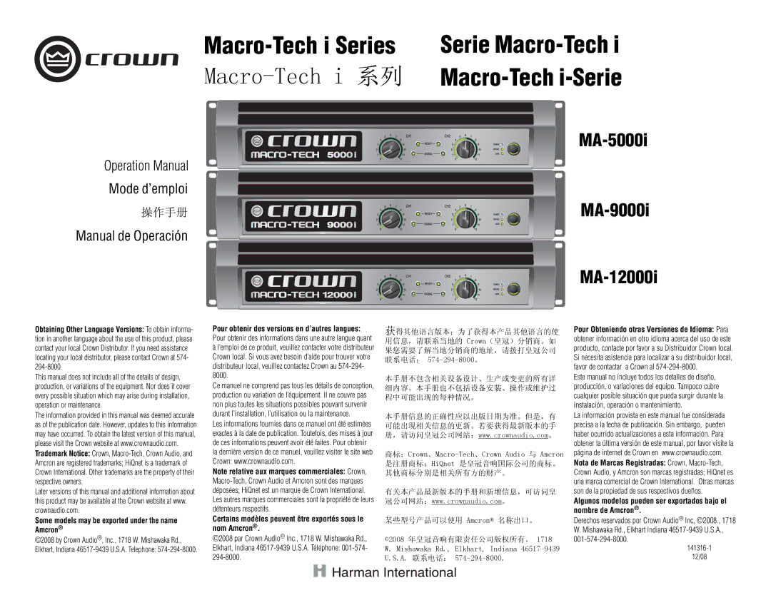 Crown Audio MA-5000i, MA-9000i, MA-12000i operation manual Certains modèles peuvent être exportés sous le nom Amcron 