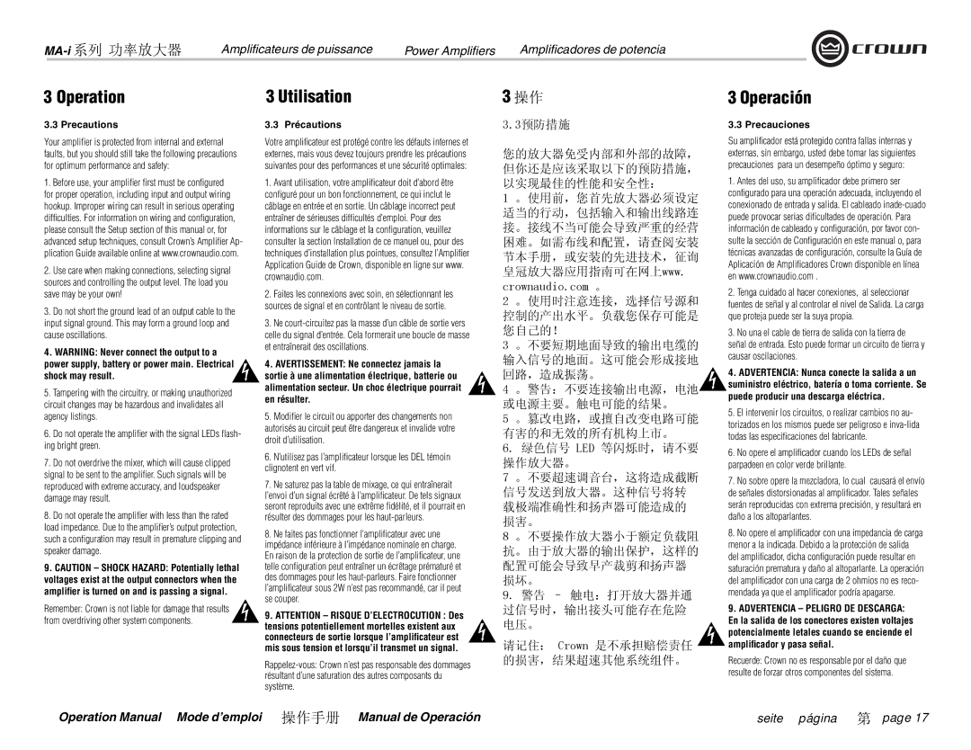 Crown Audio MA-5000i, MA-9000i, MA-12000i, i Series operation manual Operation, Operación 