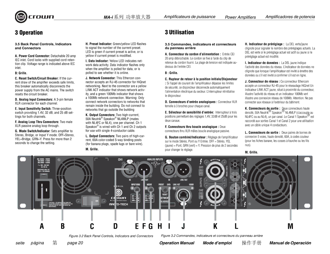 Crown Audio MA-9000i, MA-5000i, MA-12000i, i Series operation manual Back Panel Controls, Indicators and Connectors 