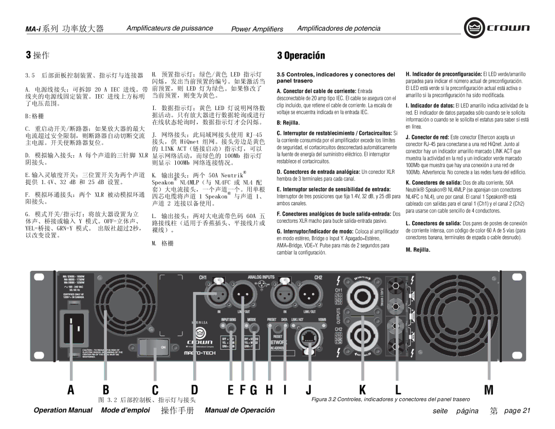 Crown Audio MA-5000i Controles, indicadores y conectores del panel trasero, Hembra de 3 terminales para cada canal 