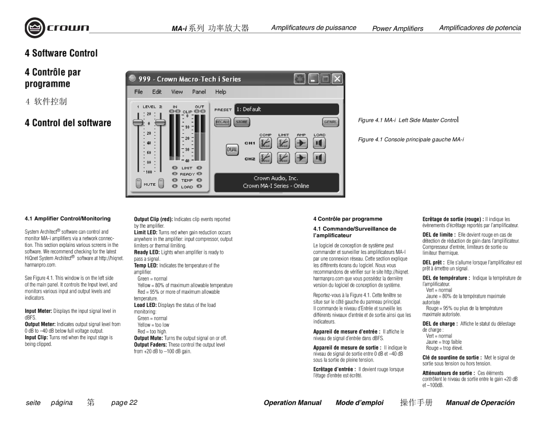 Crown Audio MA-12000i, MA-9000i, MA-5000i, i Series Software Control, Control del software, Ampliﬁer Control/Monitoring 