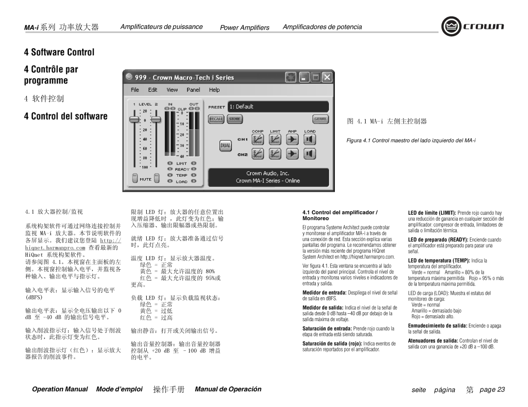 Crown Audio i Series, MA-9000i, MA-5000i, MA-12000i operation manual MA-i 左侧主控制器, Control del ampliﬁcador / Monitoreo 