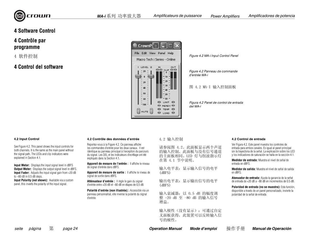 Crown Audio MA-9000i, MA-5000i Ma-I 输入控制面板, Input Control, Contrôle des données d’entrée, Signal de sortie dans dBFS 