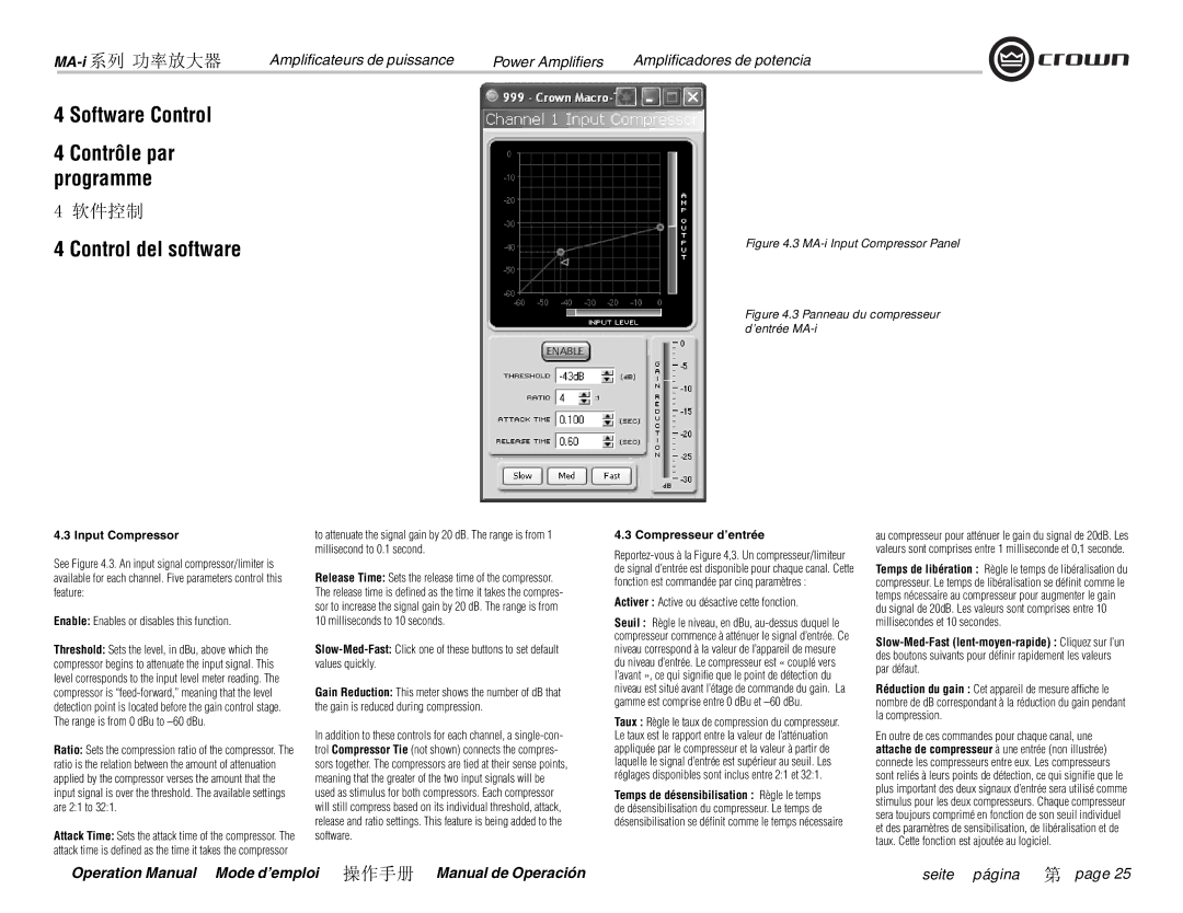 Crown Audio MA-5000i, MA-9000i, MA-12000i Input Compressor, Enable Enables or disables this function, Compresseur d’entrée 