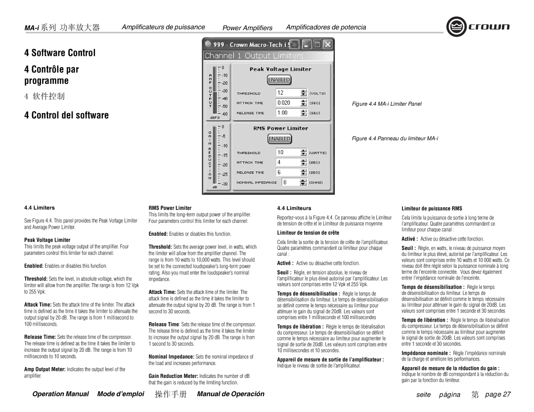 Crown Audio i Series Limiters, Peak Voltage Limiter, Limiteurs, Limiteur de tension de crête, Limiteur de puissance RMS 