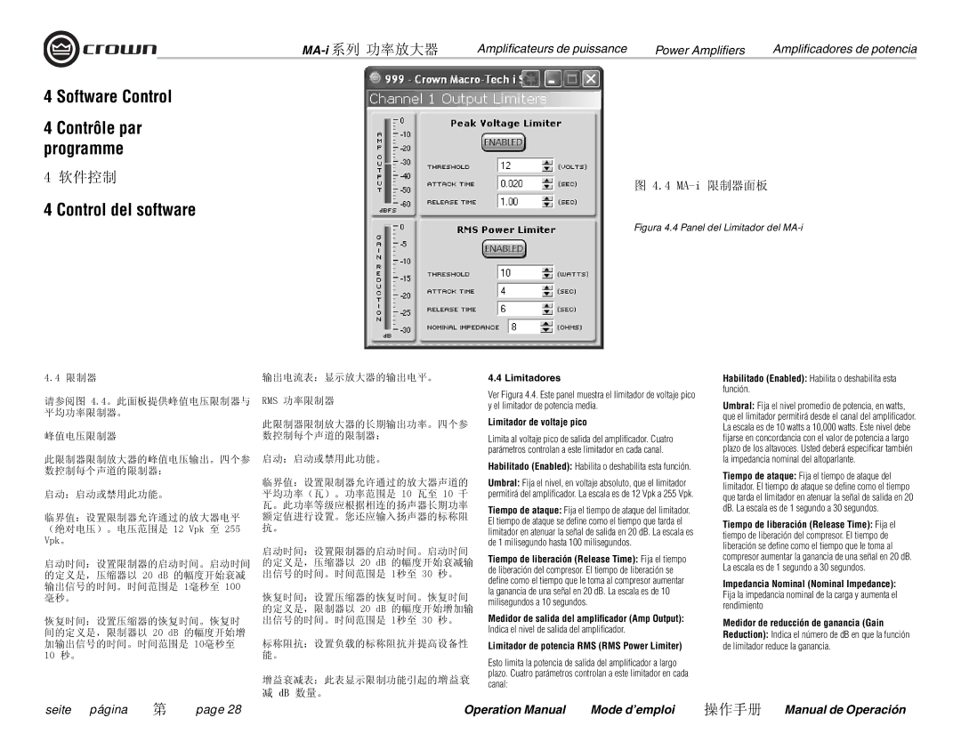 Crown Audio MA-9000i, MA-5000i, MA-12000i, i Series operation manual MA-i 限制器面板, Limitadores, Limitador de voltaje pico 