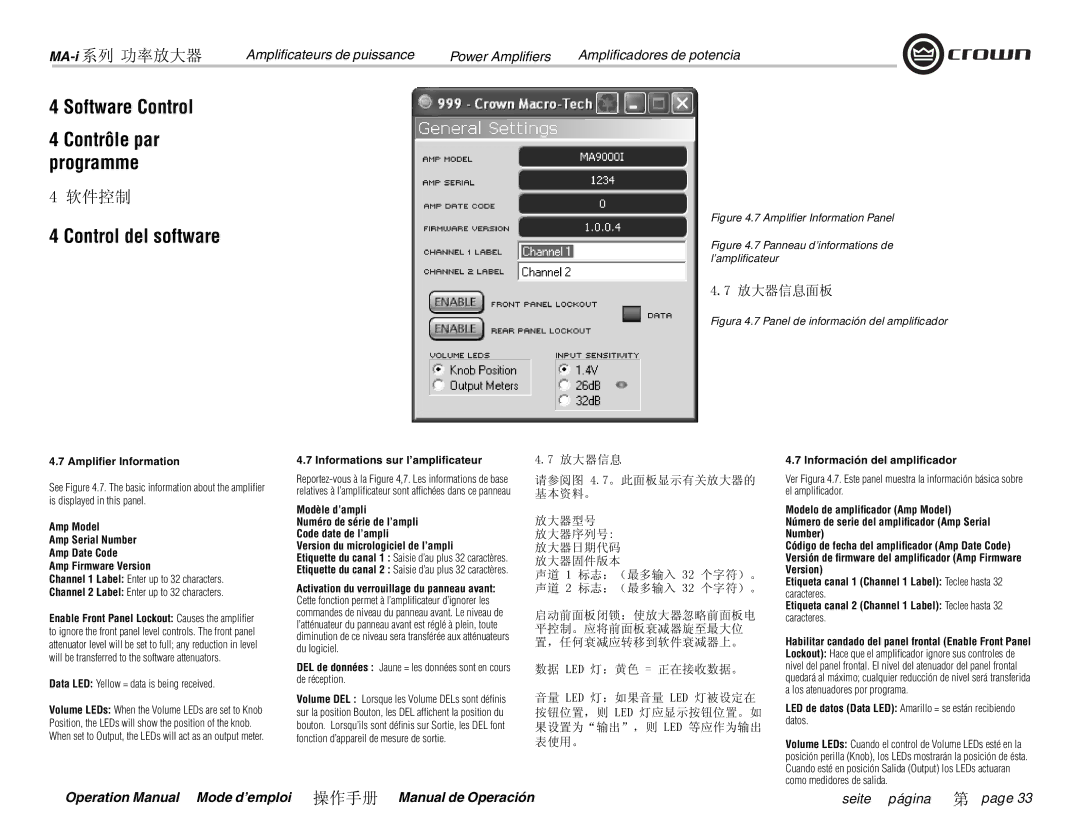 Crown Audio MA-5000i, MA-9000i 放大器信息面板, Ampliﬁer Information, Informations sur l’ampliﬁcateur, Información del ampliﬁcador 