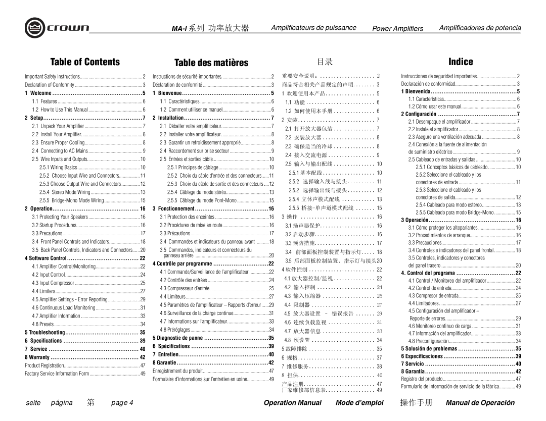 Crown Audio MA-9000i, MA-5000i, MA-12000i, i Series operation manual Table of Contents 