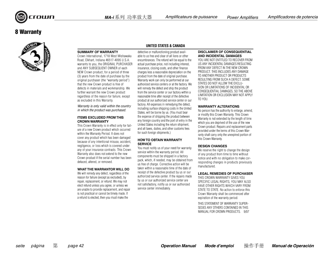 Crown Audio MA-12000i, MA-9000i, MA-5000i, i Series operation manual Warranty, United States & Canada 