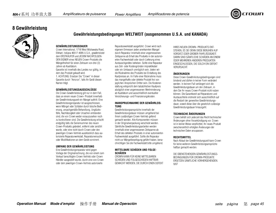 Crown Audio MA-5000i, MA-9000i, MA-12000i, i Series operation manual Gewährleistungsdauer 