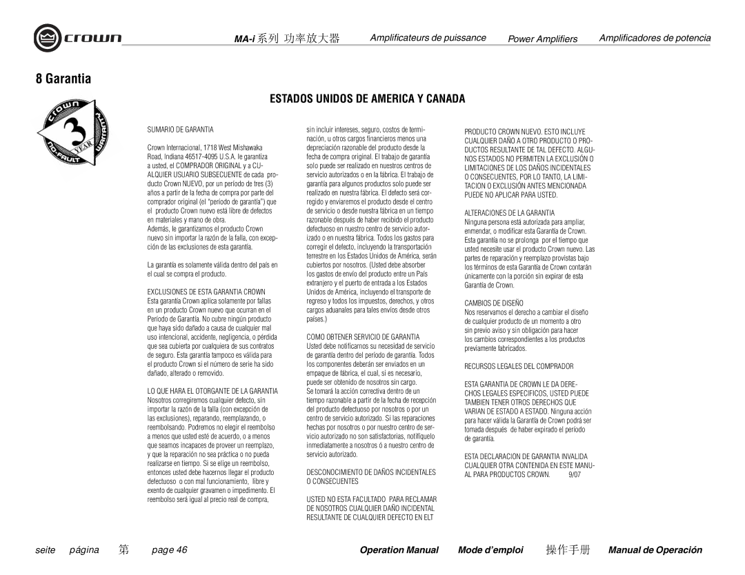 Crown Audio MA-12000i, MA-9000i, MA-5000i, i Series operation manual Garantia, Estados Unidos DE America Y Canada 