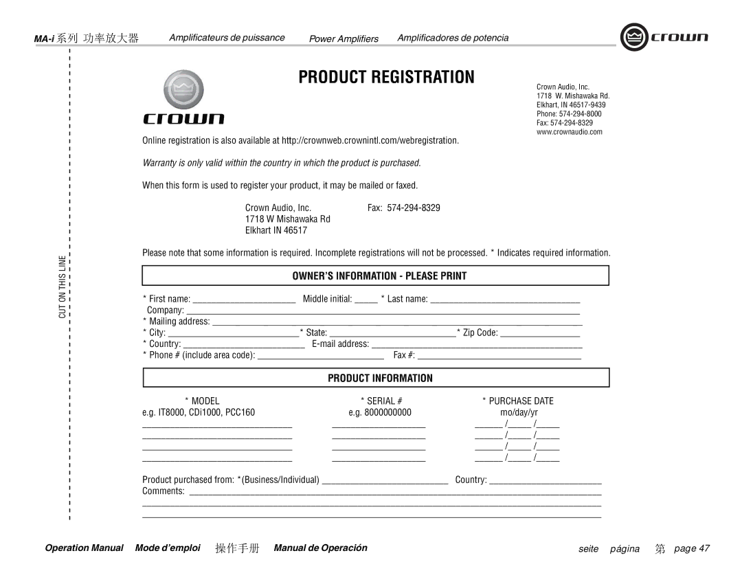 Crown Audio i Series, MA-9000i, MA-5000i, MA-12000i operation manual Product Registration, Crown Audio, Inc 