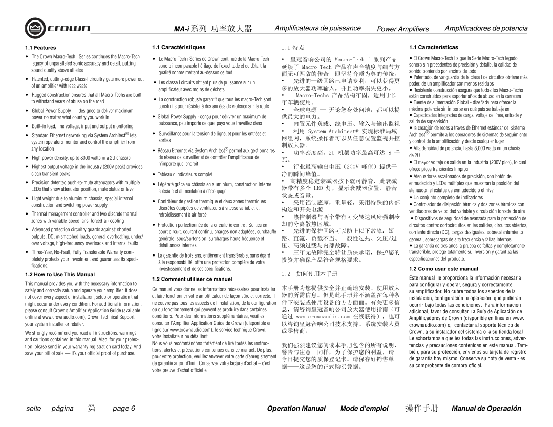 Crown Audio MA-12000i, MA-9000i, MA-5000i, i Series operation manual Caractéristiques, Características 