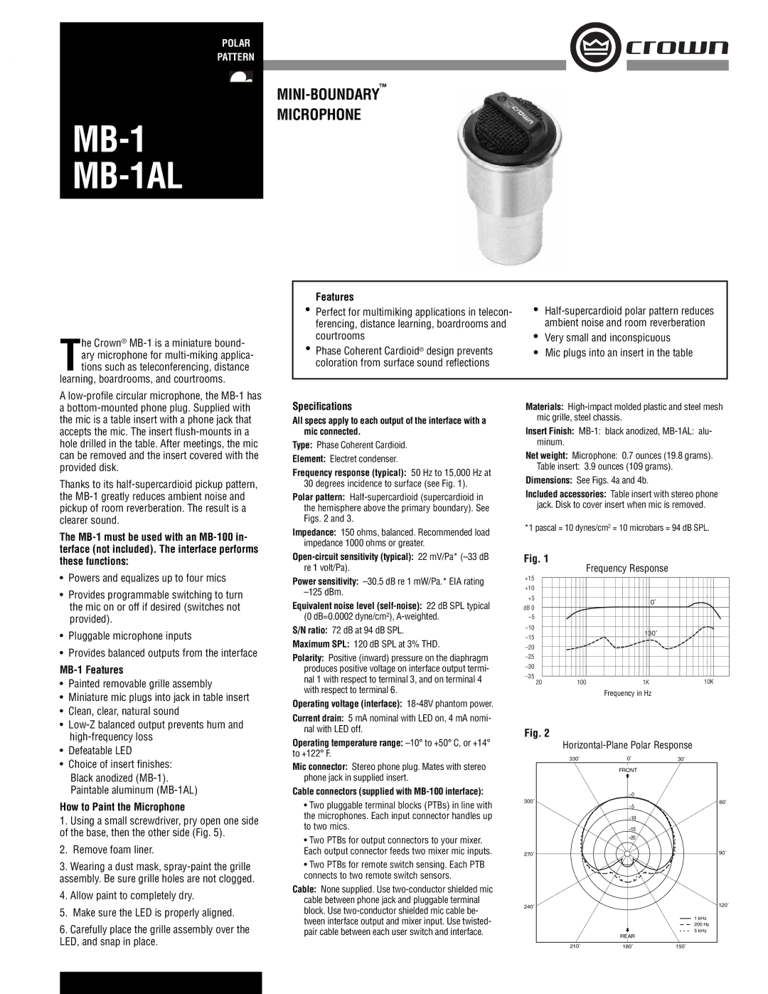 Crown Audio MB-1AL specifications MB-1 Features, How to Paint the Microphone 