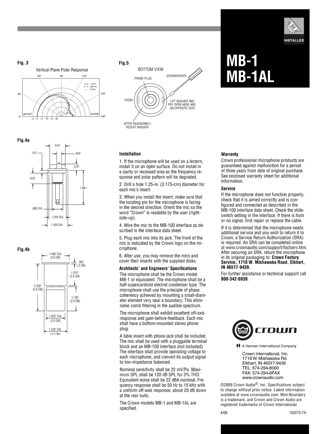 Crown Audio MB-1AL specifications Installation, Architects’ and Engineers’ Speciﬁcations, Warranty, Service 