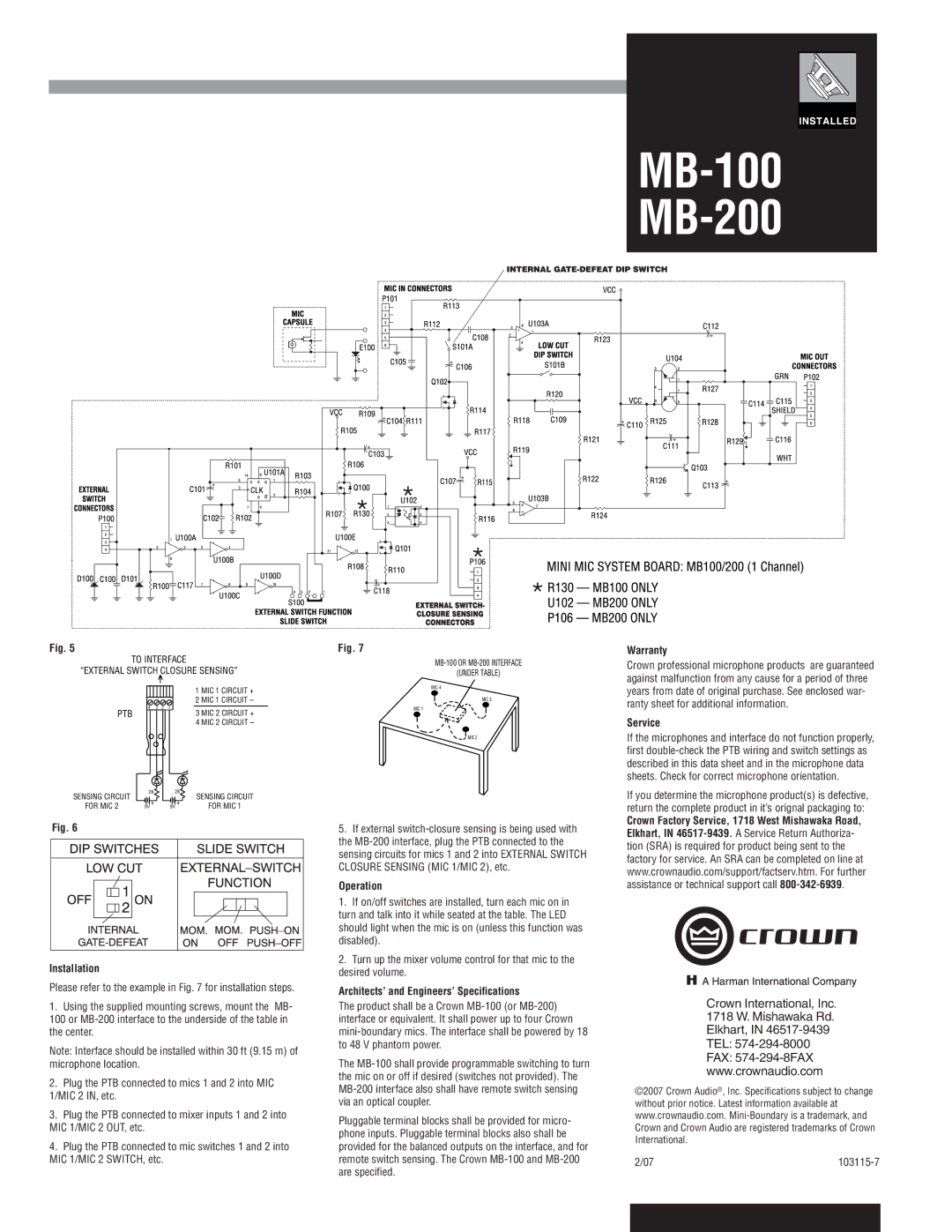 Crown Audio MB-100, MB-200 Installation, Operation, Architects’ and Engineers’ Speciﬁcations, Warranty, Service 