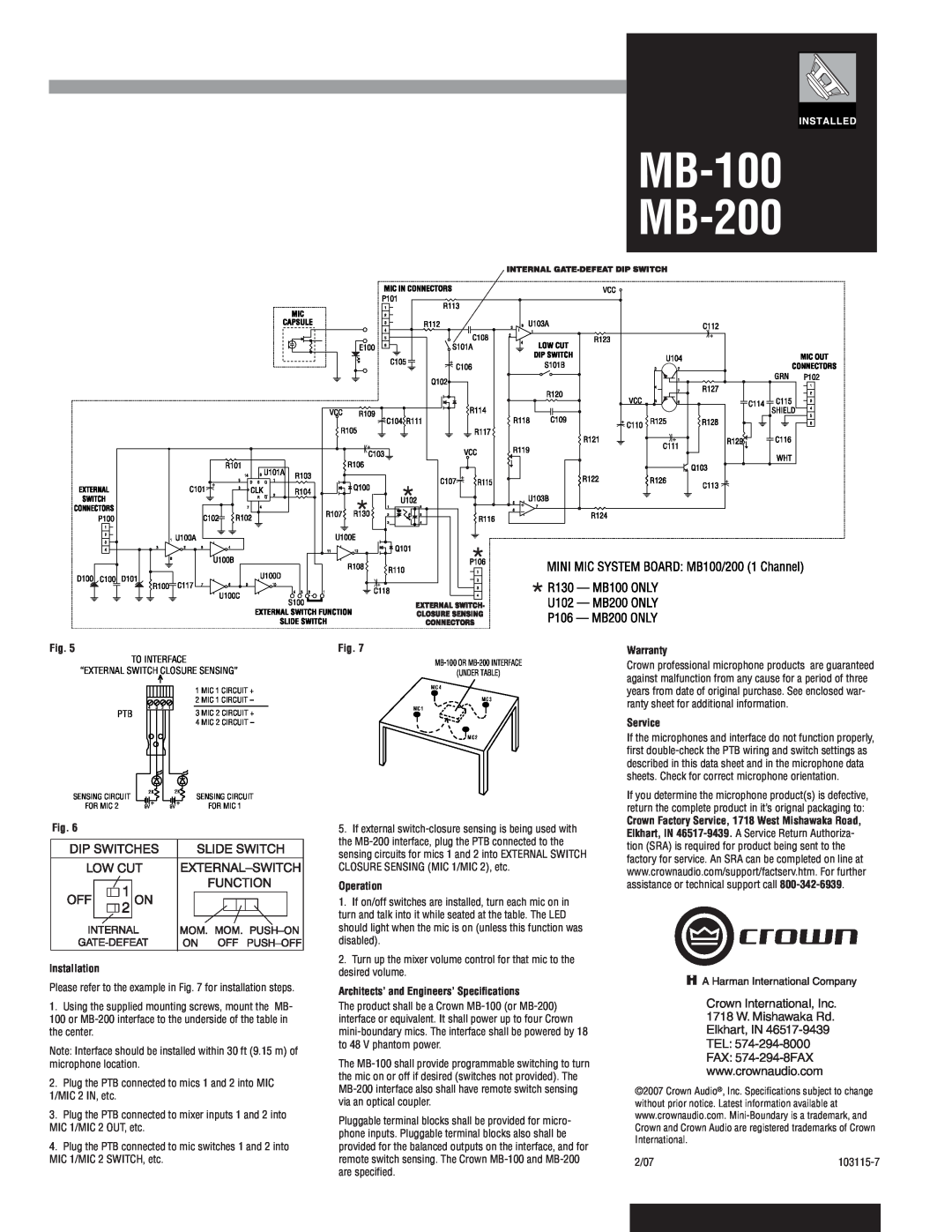Crown Audio MB-100 MB-200, Installation, Operation, Architects’ and Engineers’ Speciﬁcations, Warranty, Service 