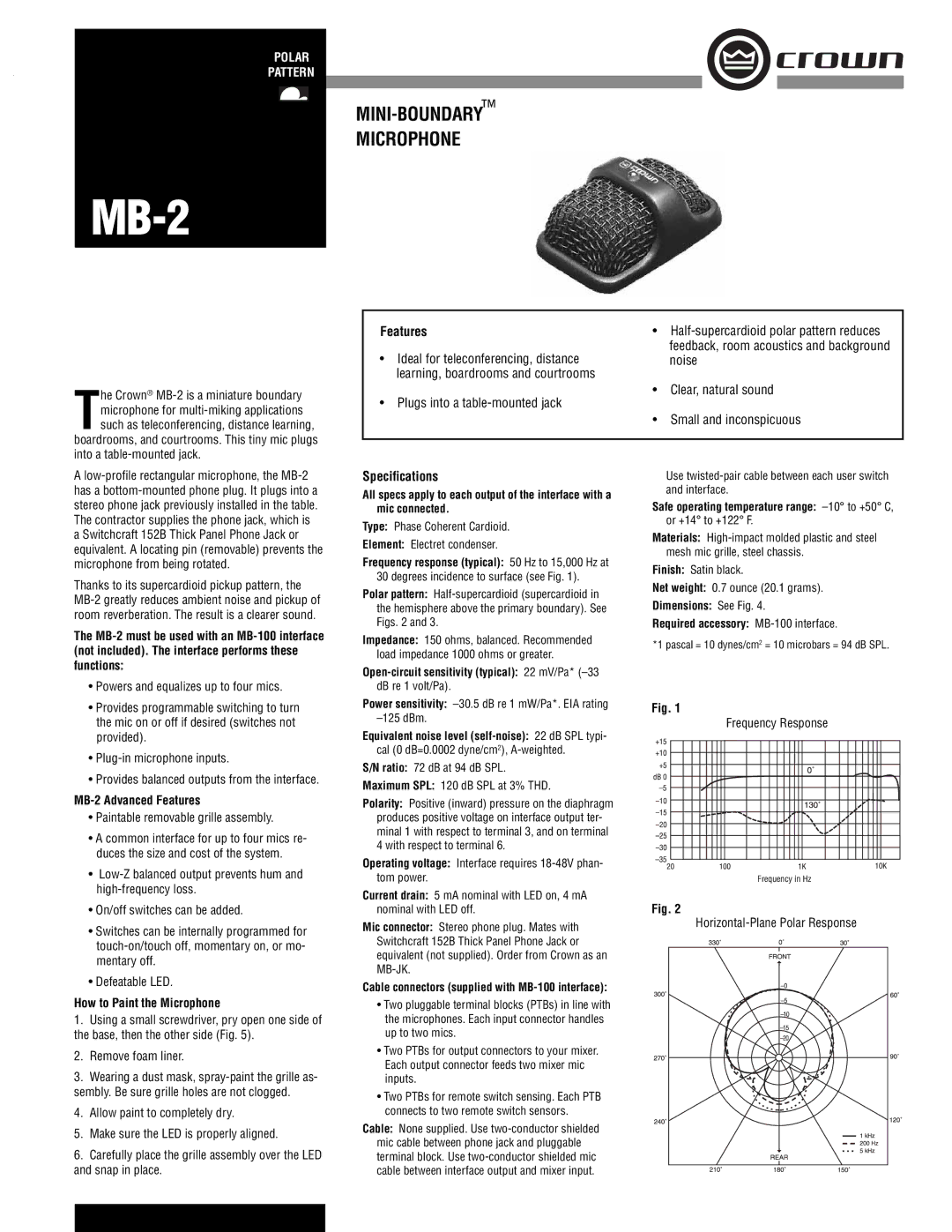 Crown Audio specifications Speciﬁcations, MB-2 Advanced Features, How to Paint the Microphone 