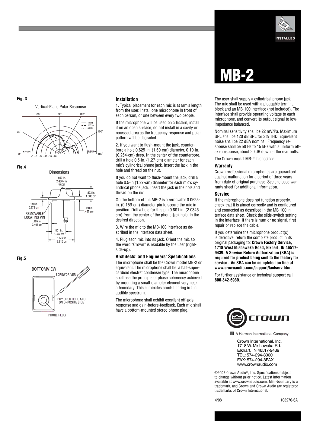 Crown Audio MB-2 specifications Installation, Architects’ and Engineers’ Speciﬁcations, Warranty, Service 