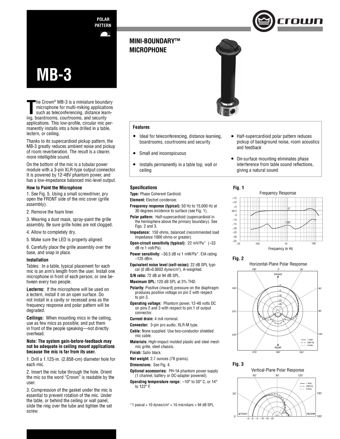 Crown Audio MB-3 specifications Features, How to Paint the Microphone, Speciﬁcations, Installation 