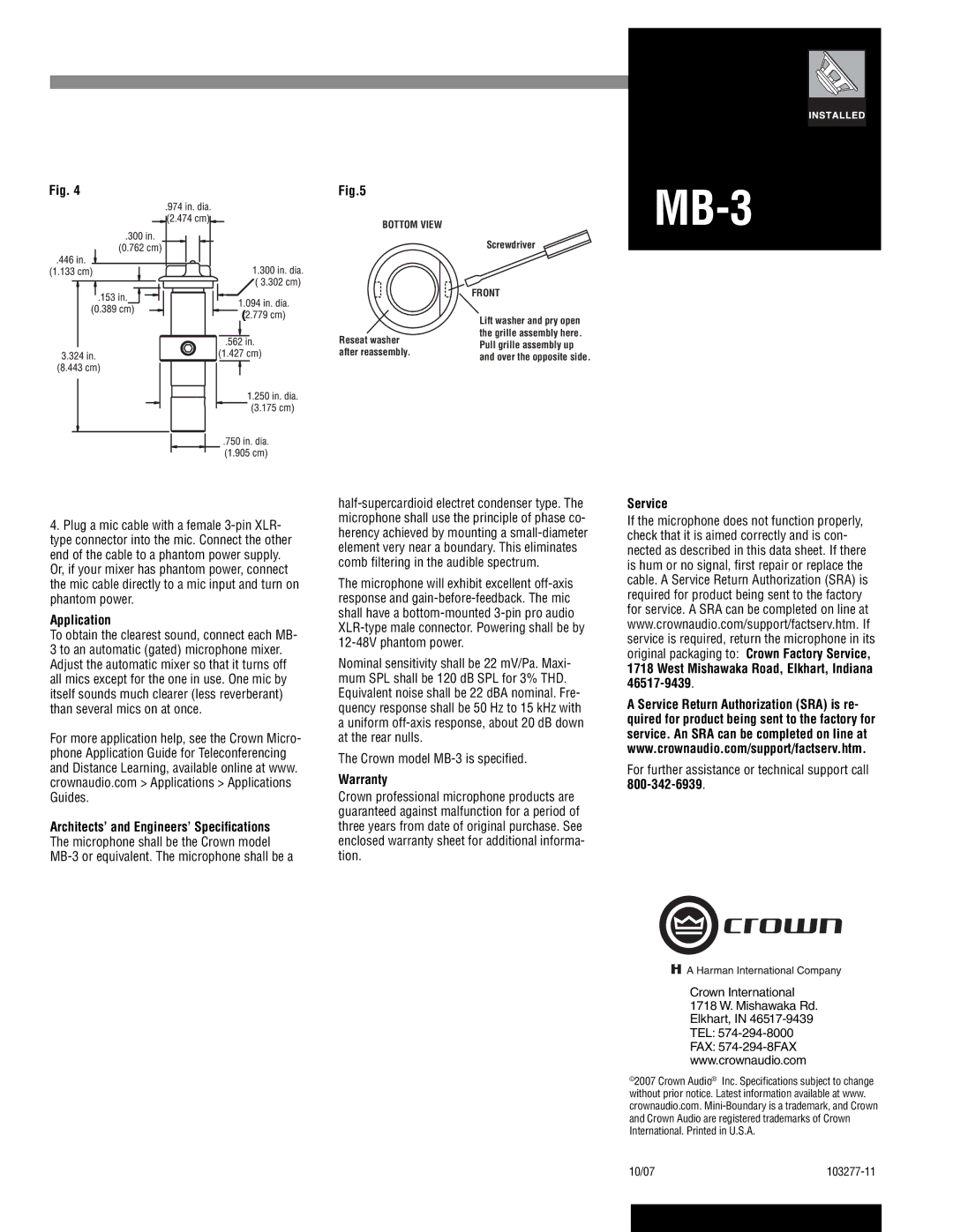 Crown Audio MB-3 specifications Application, Warranty, Service, For further assistance or technical support call, 103277-11 