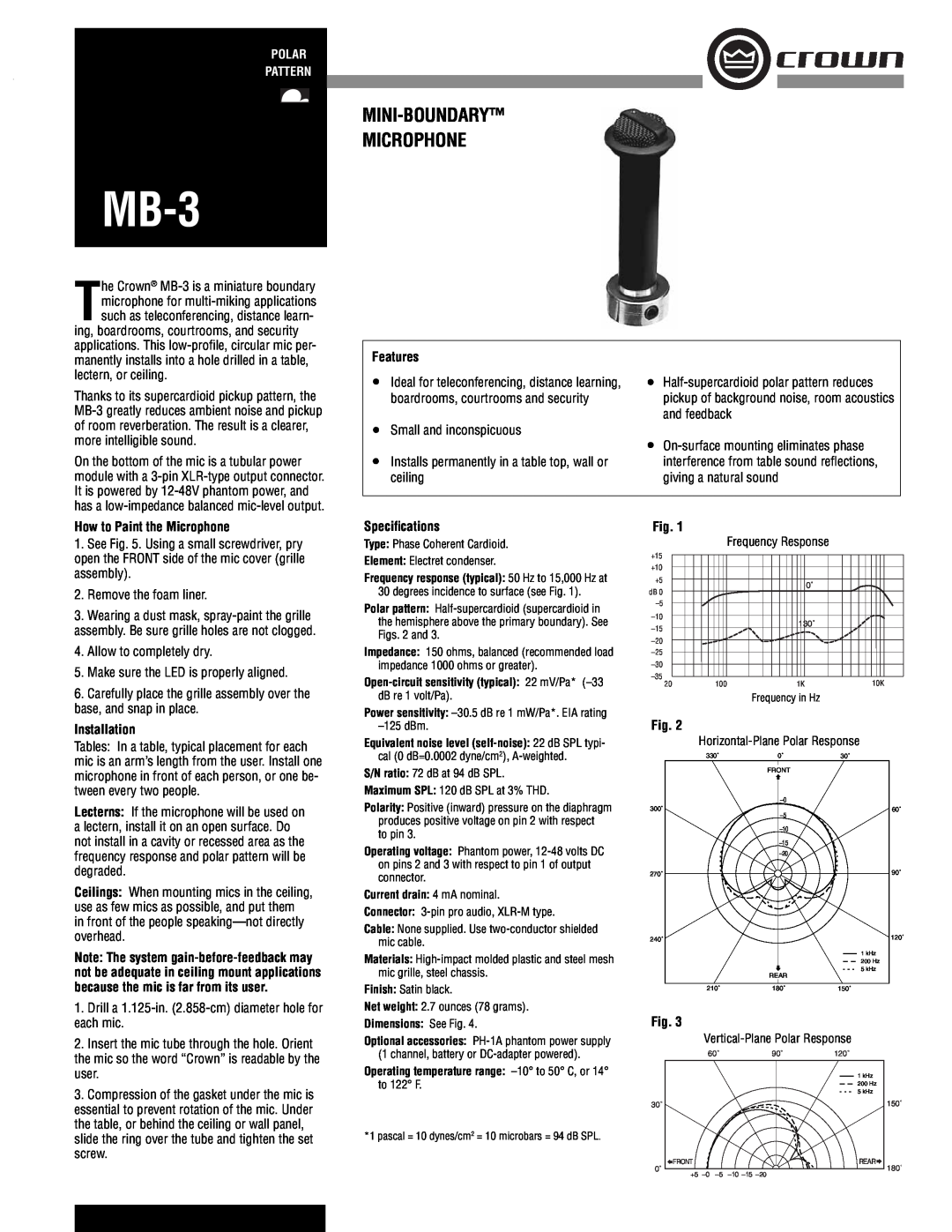 Crown Audio MB-3 specifications Features, How to Paint the Microphone, Speciﬁcations, Installation, Polar Pattern 