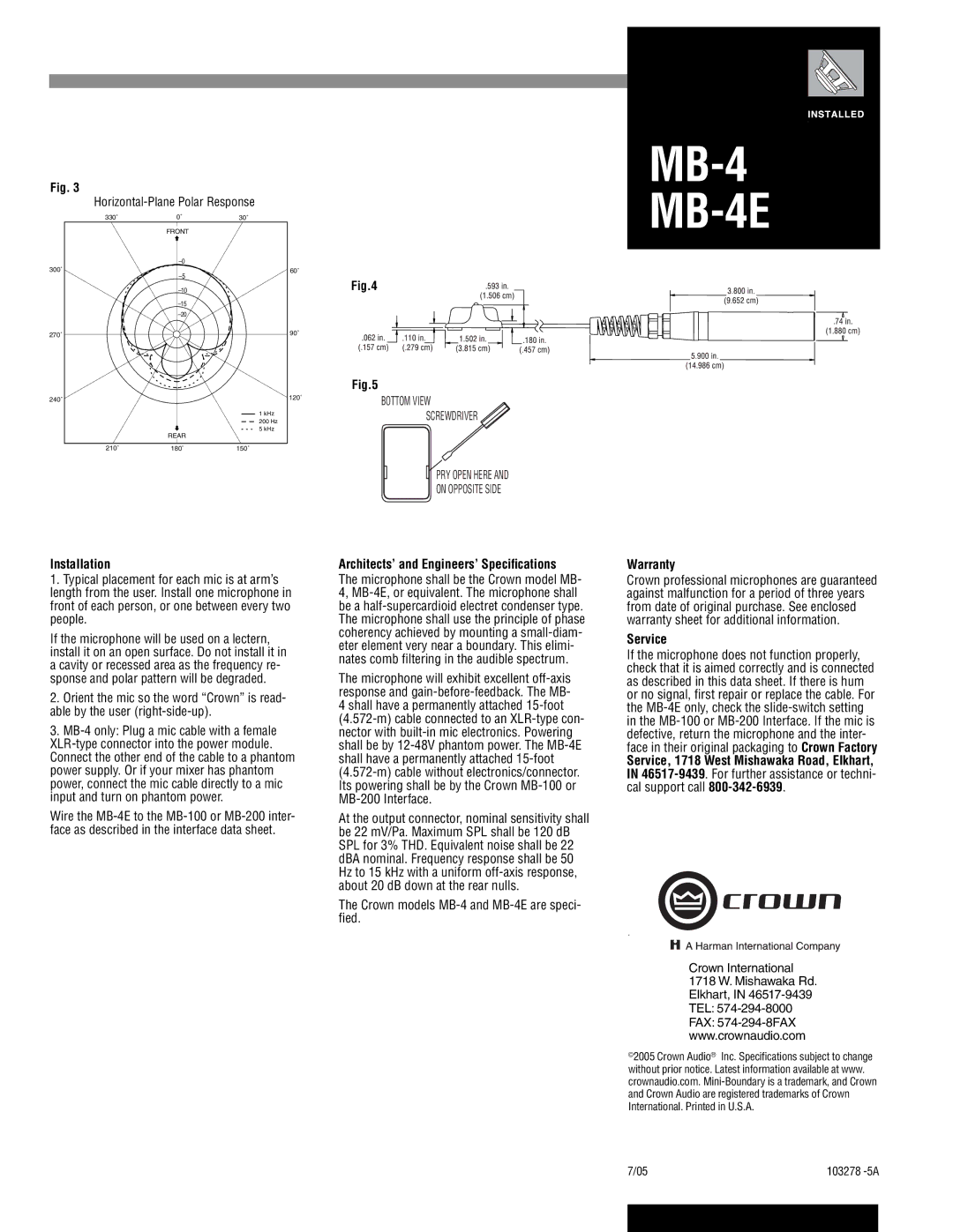 Crown Audio MB-4E specifications Installation, Architects’ and Engineers’ Speciﬁcations, Warranty, Service 