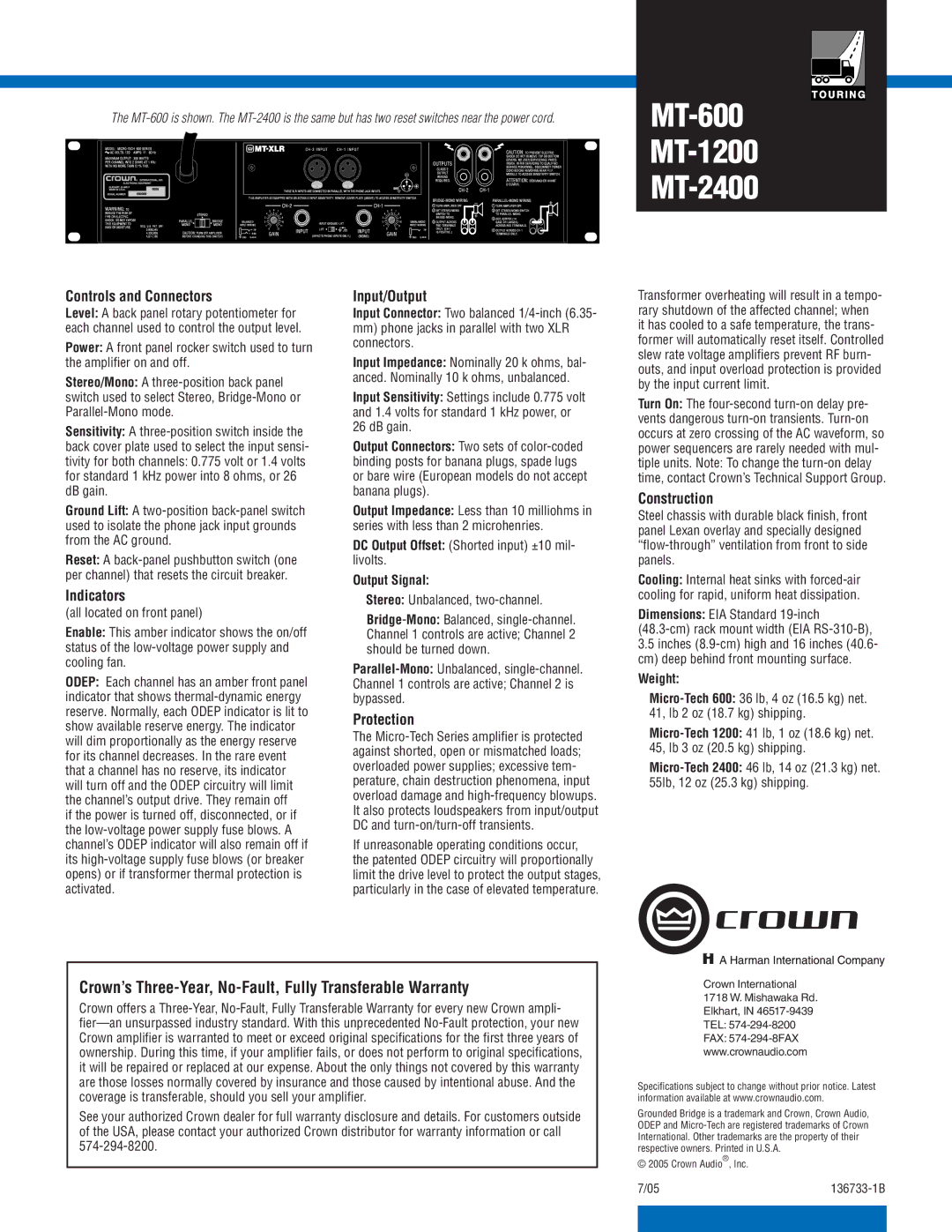 Crown Audio MT-1200, MT-2400 specifications Crown’s Three-Year, No-Fault, Fully Transferable Warranty 