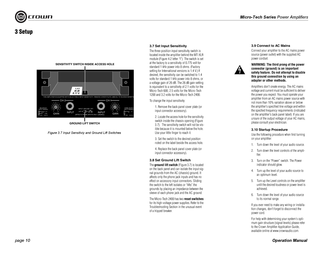 Crown Audio MT-601, 1201, 2401 Set Input Sensitivity, Set Ground Lift Switch, Connect to AC Mains, Startup Procedure 