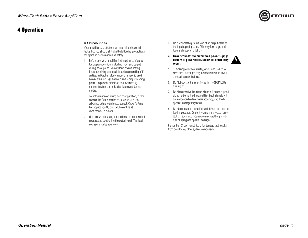 Crown Audio 1201, 2401, MT-601 Operation, Precautions, Do Not operate the amplifier with the Odep LEDs turning off 