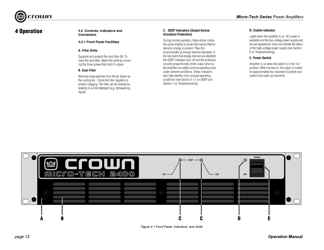 Crown Audio MT-601 Dust Filter, Odep Indicators Output Device Emulation Protection, Enable Indicator, Power Switch 