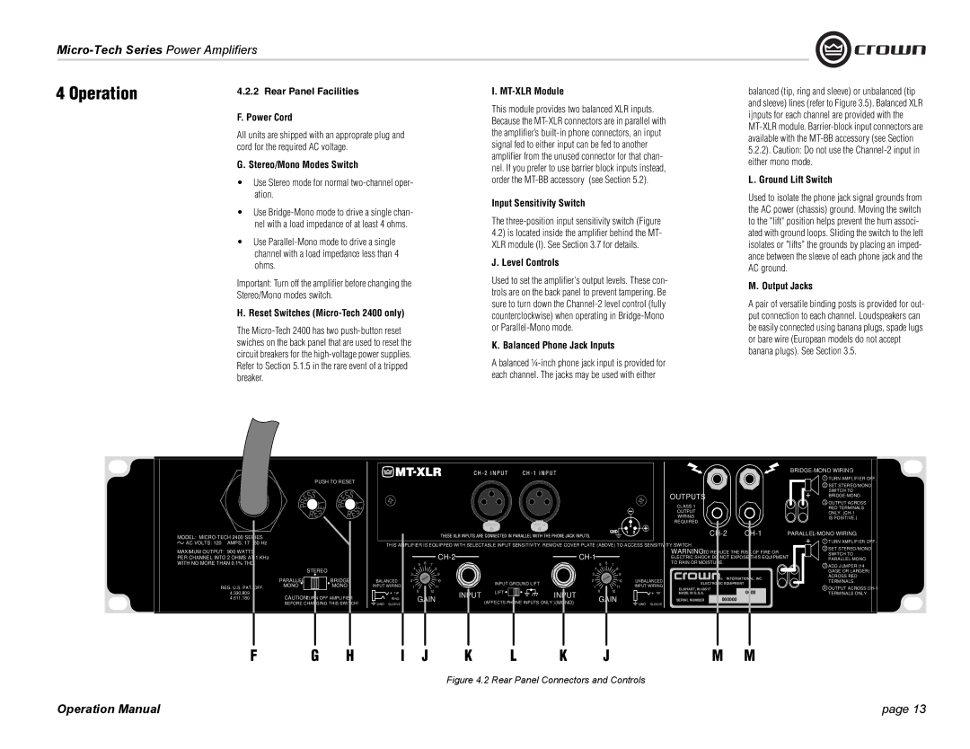 Crown Audio 1201, 2401 Rear Panel Facilities Power Cord, Stereo/Mono Modes Switch, Reset Switches Micro-Tech 2400 only 